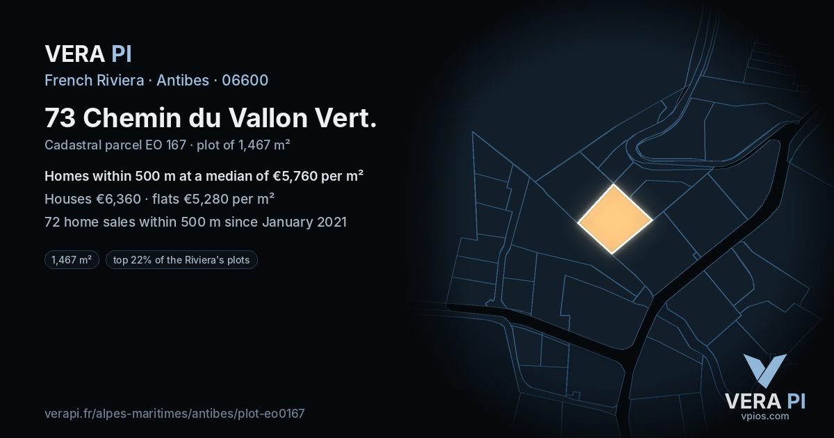 73 Chemin du Vallon Vert, Antibes at night – the plot lit, the parcels around coloured by the prices near them