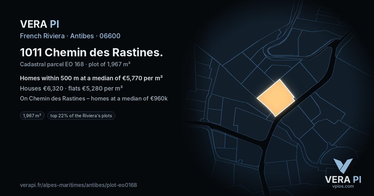 1011 Chemin des Rastines, Antibes at night – the plot lit, the parcels around coloured by the prices near them