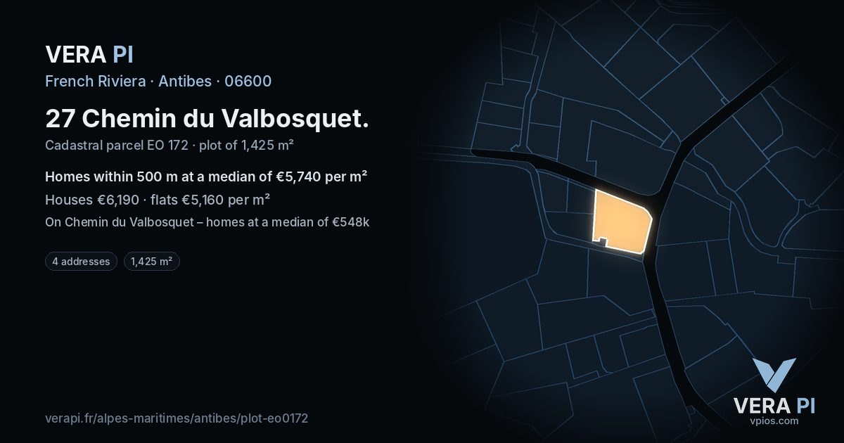 27 Chemin du Valbosquet, Antibes at night – the plot lit, the parcels around coloured by the prices near them