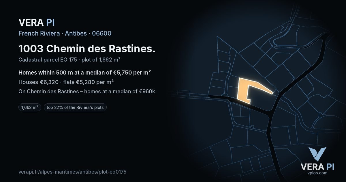 1003 Chemin des Rastines, Antibes at night – the plot lit, the parcels around coloured by the prices near them