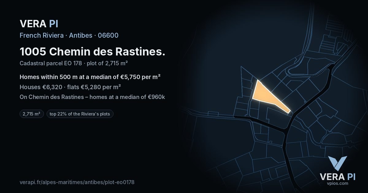 1005 Chemin des Rastines, Antibes at night – the plot lit, the parcels around coloured by the prices near them
