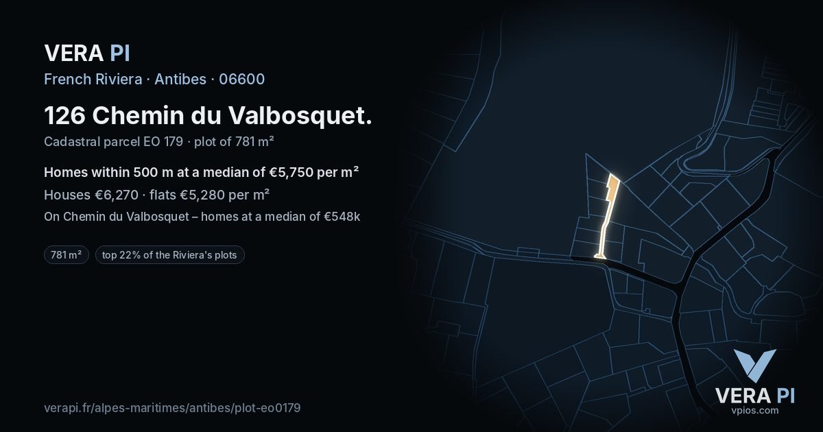 126 Chemin du Valbosquet, Antibes at night – the plot lit, the parcels around coloured by the prices near them
