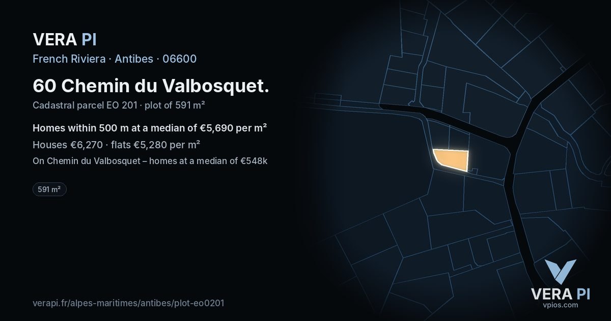 60 Chemin du Valbosquet, Antibes at night – the plot lit, the parcels around coloured by the prices near them