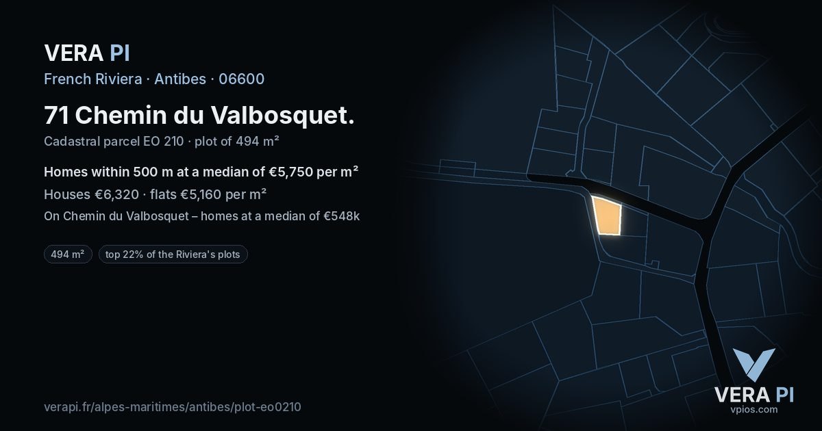 71 Chemin du Valbosquet, Antibes at night – the plot lit, the parcels around coloured by the prices near them