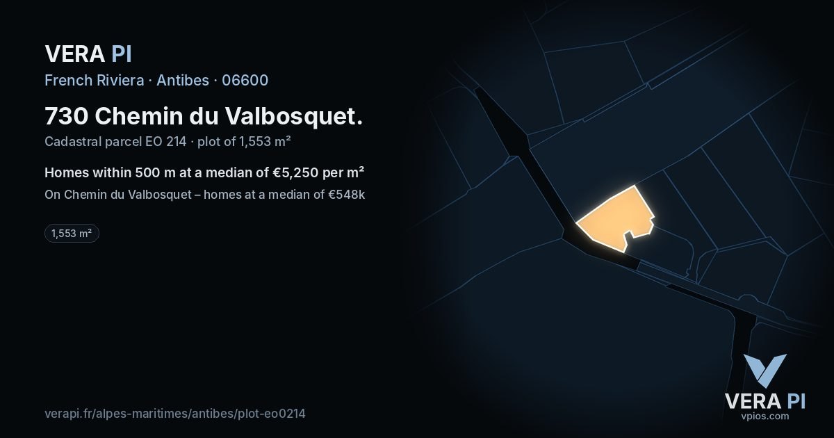 730 Chemin du Valbosquet, Antibes at night – the plot lit, the parcels around coloured by the prices near them