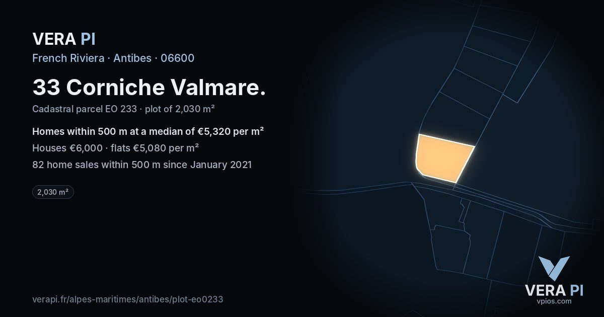33 Corniche Valmare, Antibes at night – the plot lit, the parcels around coloured by the prices near them