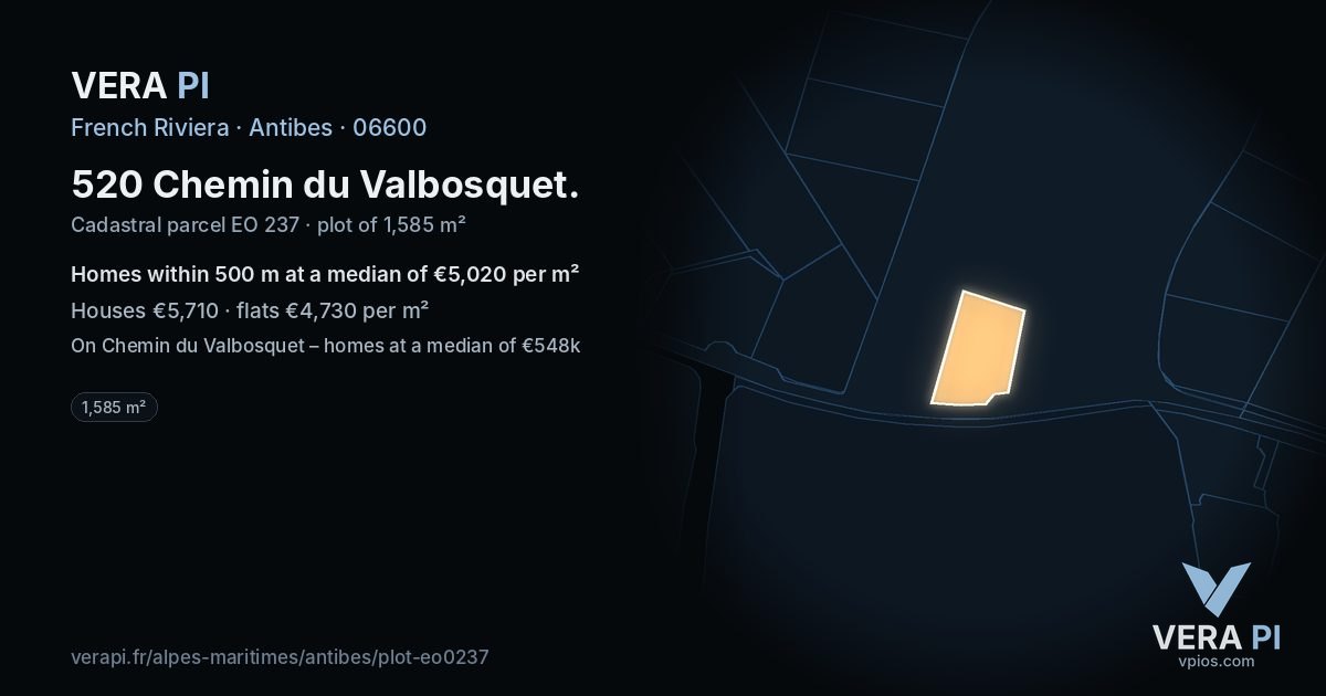 520 Chemin du Valbosquet, Antibes at night – the plot lit, the parcels around coloured by the prices near them