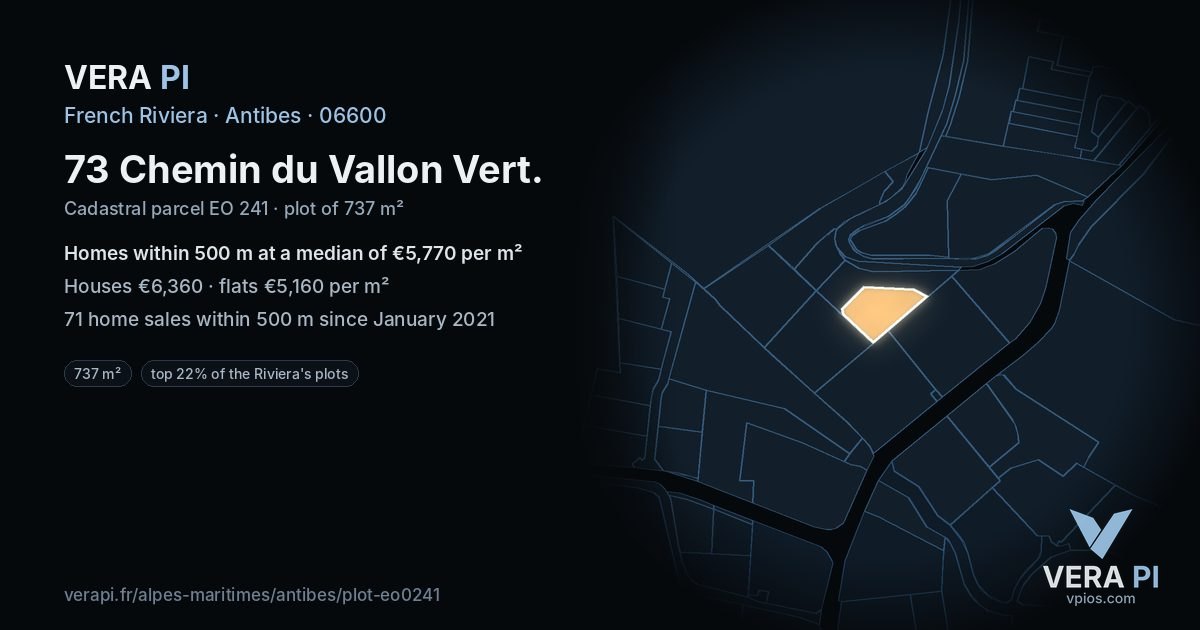 73 Chemin du Vallon Vert, Antibes at night – the plot lit, the parcels around coloured by the prices near them