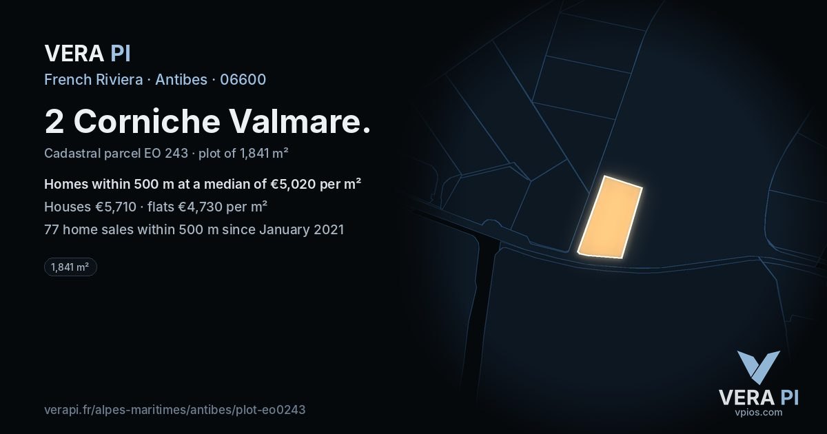 2 Corniche Valmare, Antibes at night – the plot lit, the parcels around coloured by the prices near them