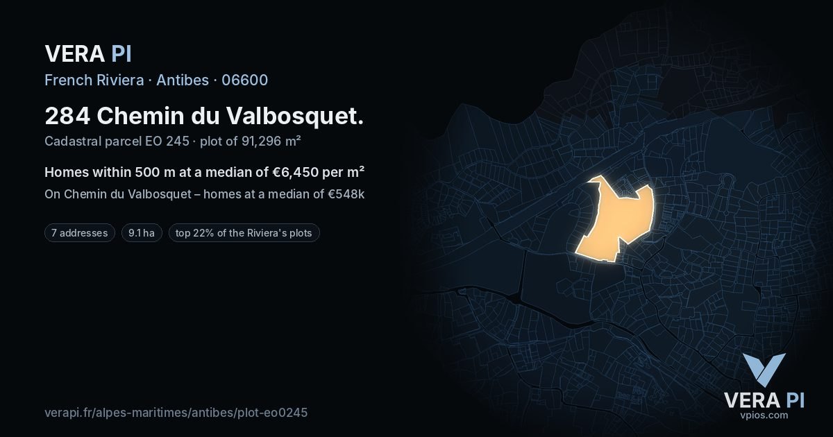 284 Chemin du Valbosquet, Antibes at night – the plot lit, the parcels around coloured by the prices near them
