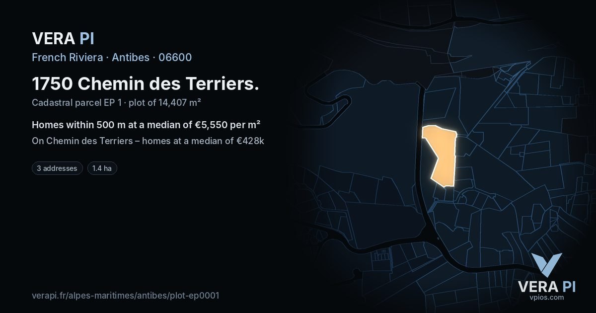 1750 Chemin des Terriers, Antibes at night – the plot lit, the parcels around coloured by the prices near them