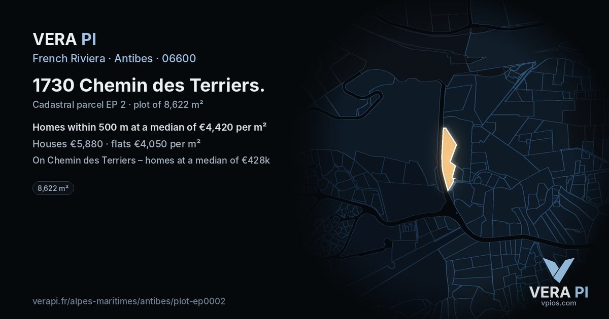1730 Chemin des Terriers, Antibes at night – the plot lit, the parcels around coloured by the prices near them