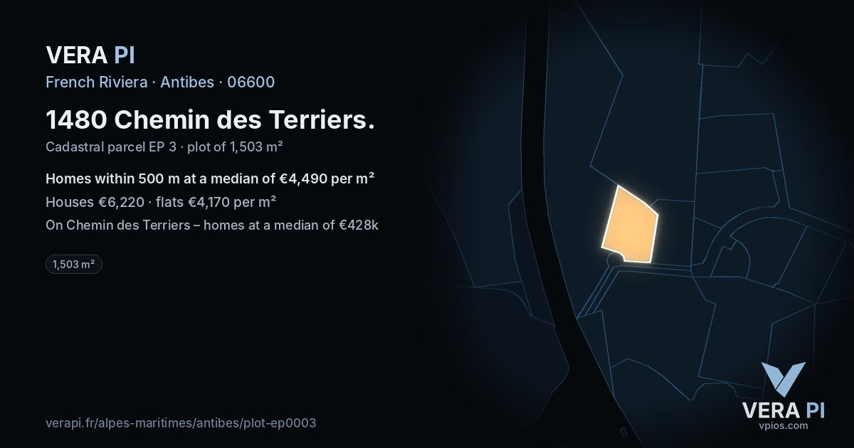 1480 Chemin des Terriers, Antibes at night – the plot lit, the parcels around coloured by the prices near them