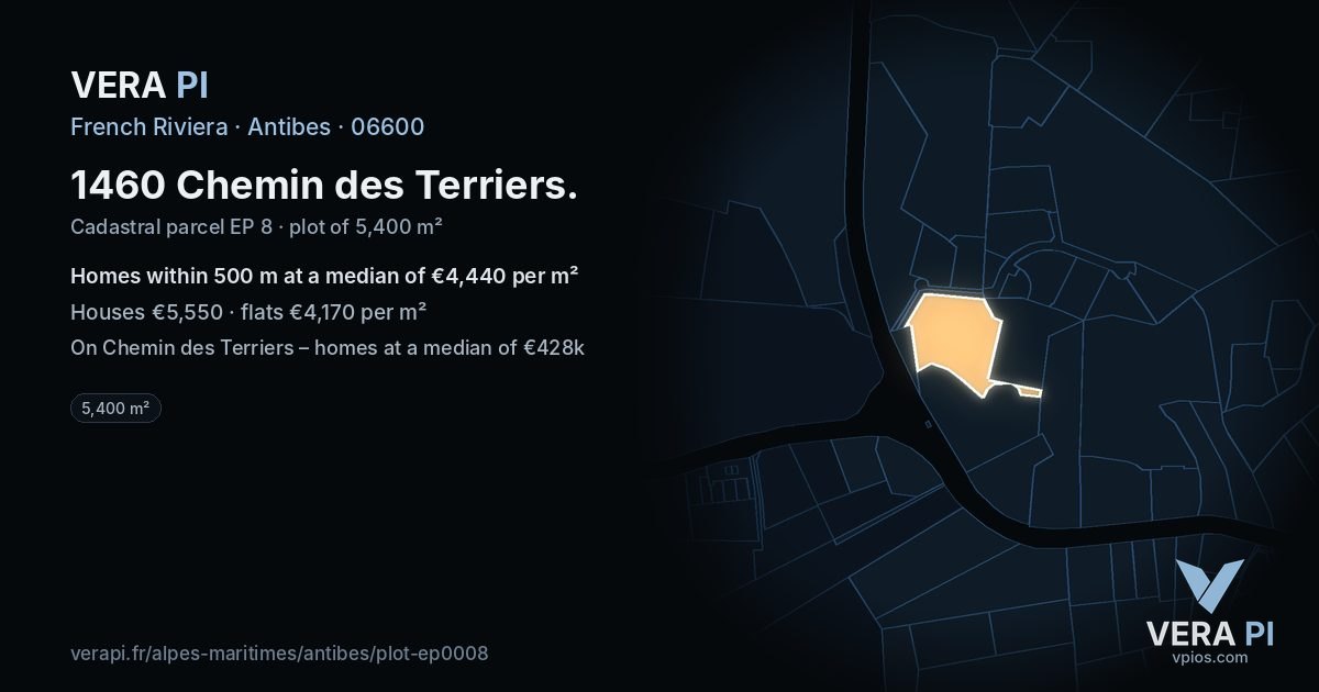 1460 Chemin des Terriers, Antibes at night – the plot lit, the parcels around coloured by the prices near them
