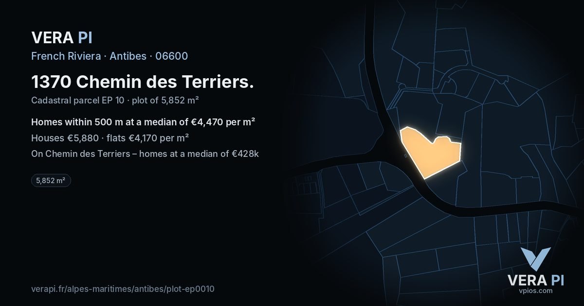 1370 Chemin des Terriers, Antibes at night – the plot lit, the parcels around coloured by the prices near them