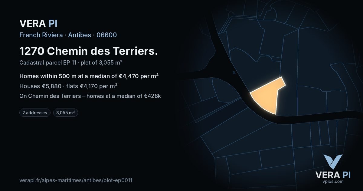 1270 Chemin des Terriers, Antibes at night – the plot lit, the parcels around coloured by the prices near them