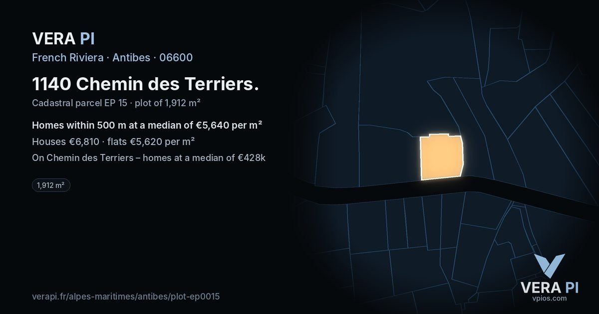 1140 Chemin des Terriers, Antibes at night – the plot lit, the parcels around coloured by the prices near them
