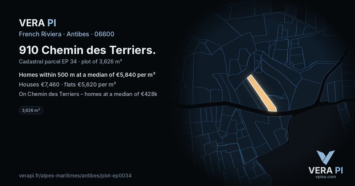 910 Chemin des Terriers, Antibes at night – the plot lit, the parcels around coloured by the prices near them