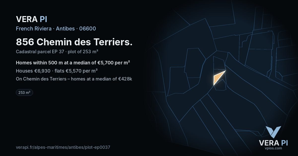 856 Chemin des Terriers, Antibes at night – the plot lit, the parcels around coloured by the prices near them