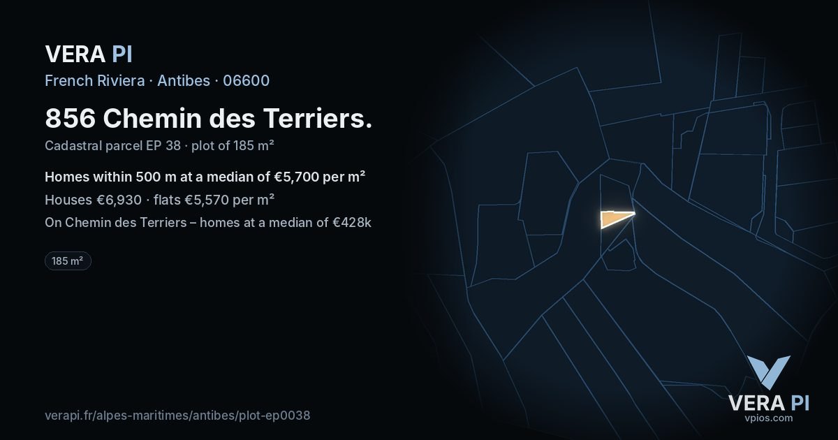 856 Chemin des Terriers, Antibes at night – the plot lit, the parcels around coloured by the prices near them