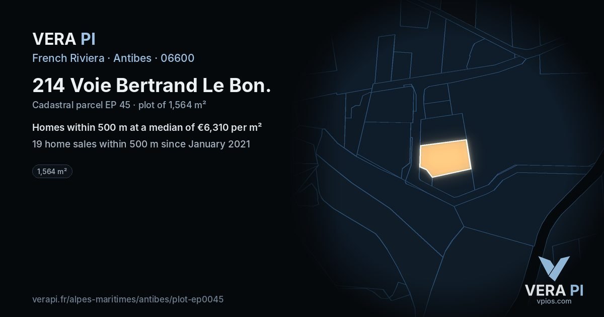 214 Voie Bertrand Le Bon, Antibes at night – the plot lit, the parcels around coloured by the prices near them