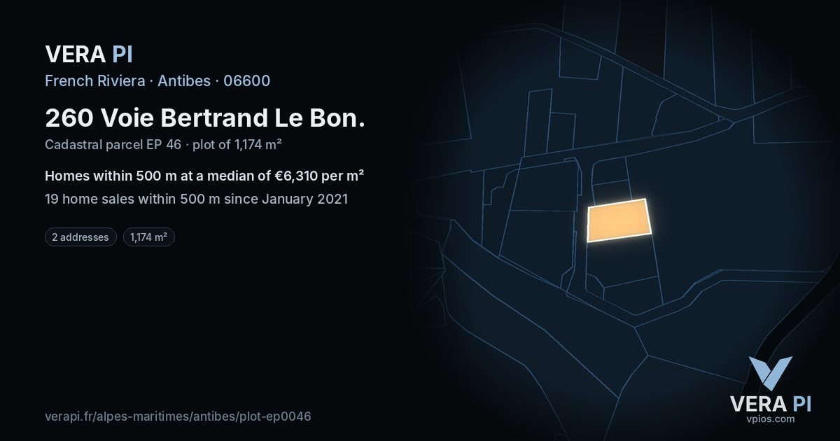260 Voie Bertrand Le Bon, Antibes at night – the plot lit, the parcels around coloured by the prices near them