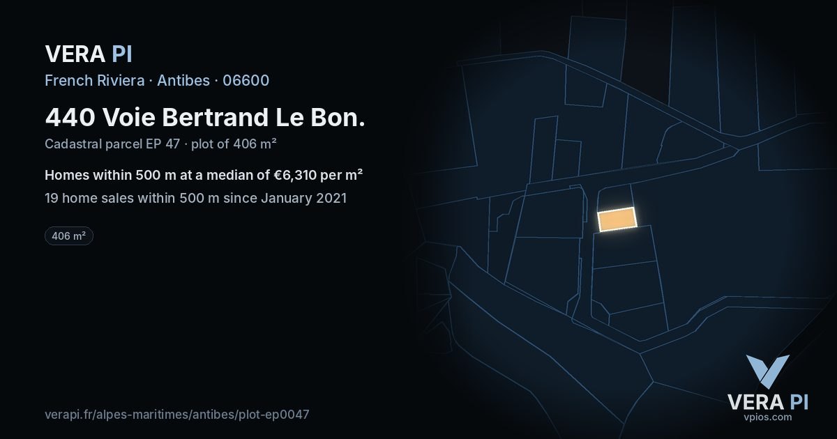 440 Voie Bertrand Le Bon, Antibes at night – the plot lit, the parcels around coloured by the prices near them