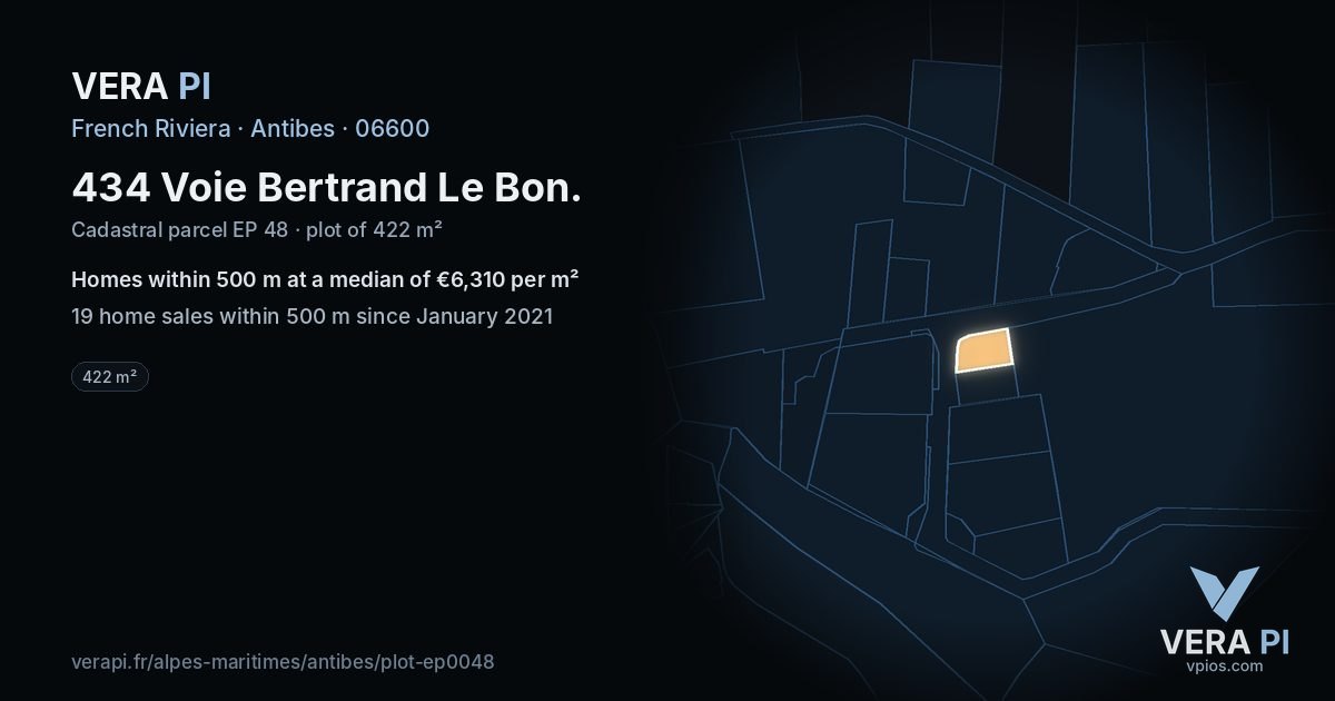 434 Voie Bertrand Le Bon, Antibes at night – the plot lit, the parcels around coloured by the prices near them