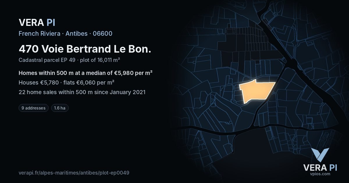 470 Voie Bertrand Le Bon, Antibes at night – the plot lit, the parcels around coloured by the prices near them
