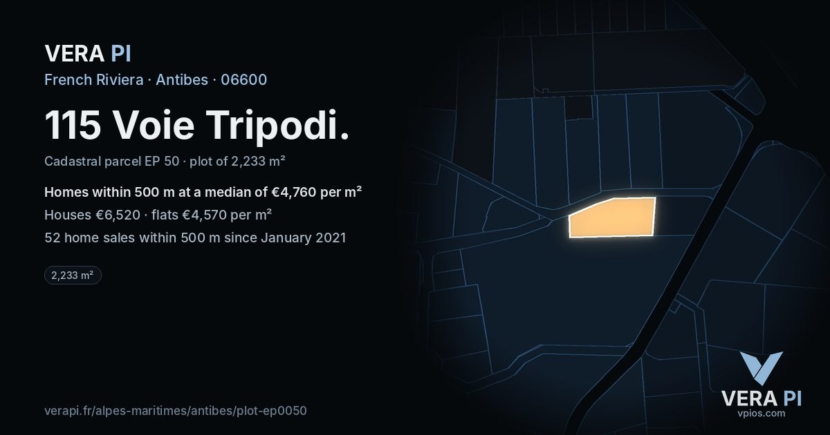 115 Voie Tripodi, Antibes at night – the plot lit, the parcels around coloured by the prices near them
