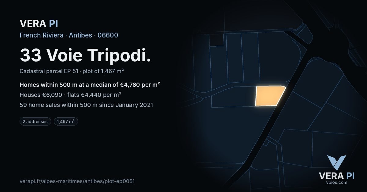 33 Voie Tripodi, Antibes at night – the plot lit, the parcels around coloured by the prices near them