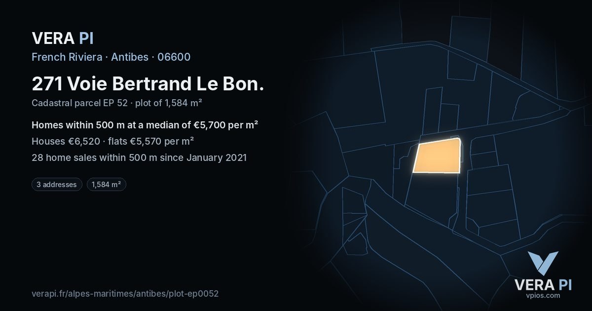 271 Voie Bertrand Le Bon, Antibes at night – the plot lit, the parcels around coloured by the prices near them