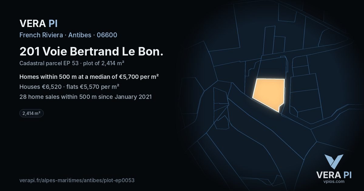 201 Voie Bertrand Le Bon, Antibes at night – the plot lit, the parcels around coloured by the prices near them