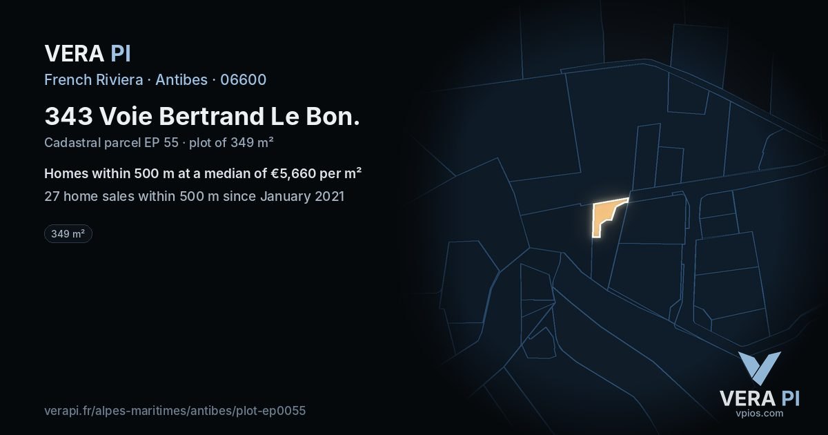343 Voie Bertrand Le Bon, Antibes at night – the plot lit, the parcels around coloured by the prices near them