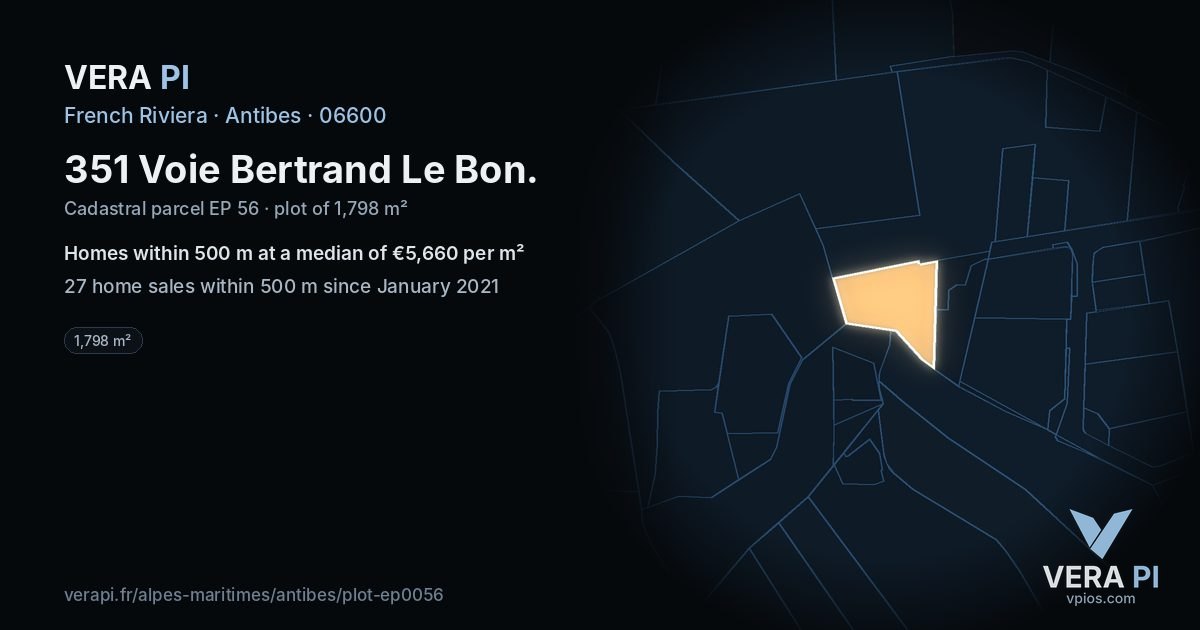 351 Voie Bertrand Le Bon, Antibes at night – the plot lit, the parcels around coloured by the prices near them