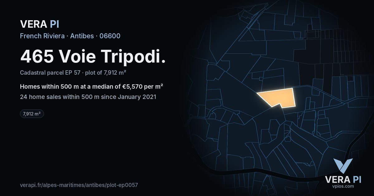 465 Voie Tripodi, Antibes at night – the plot lit, the parcels around coloured by the prices near them
