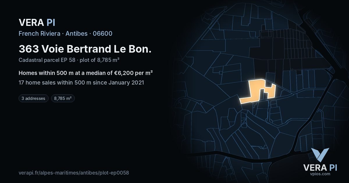 363 Voie Bertrand Le Bon, Antibes at night – the plot lit, the parcels around coloured by the prices near them