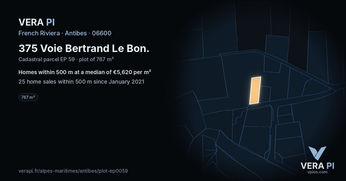 375 Voie Bertrand Le Bon, Antibes at night – the plot lit, the parcels around coloured by the prices near them