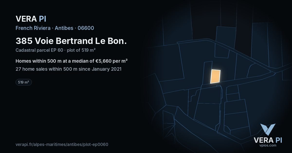 385 Voie Bertrand Le Bon, Antibes at night – the plot lit, the parcels around coloured by the prices near them