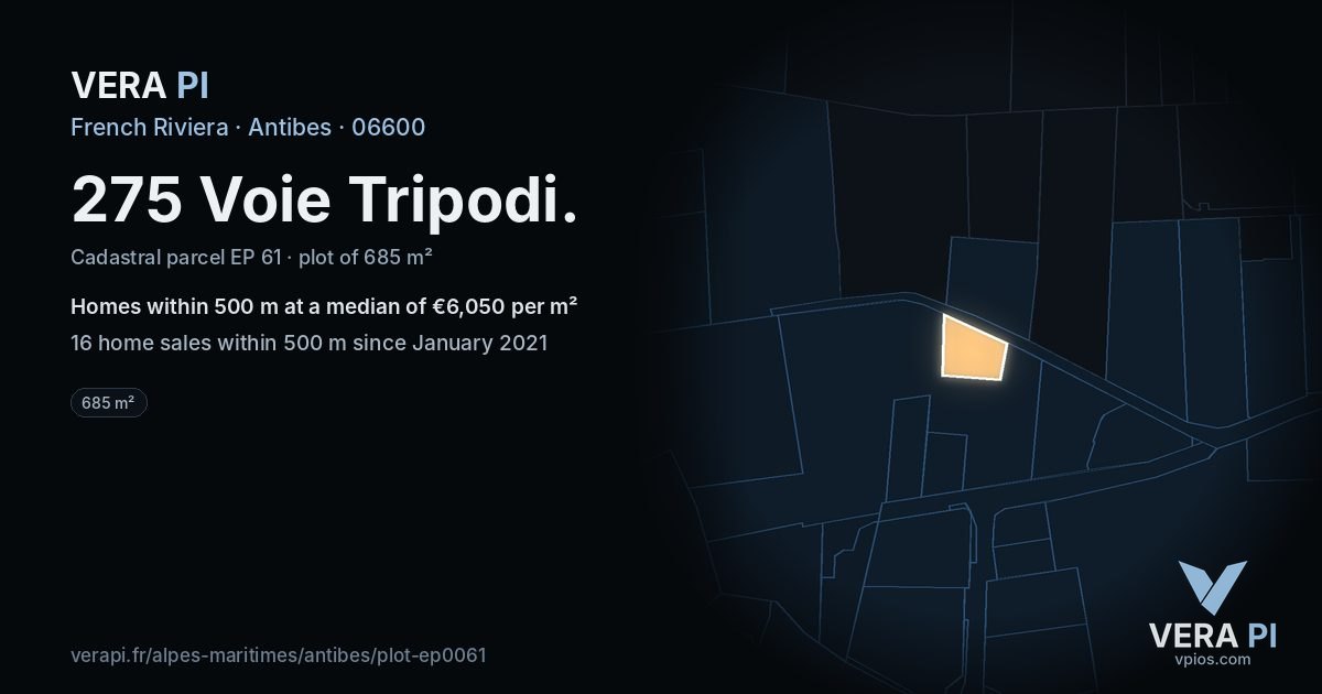 275 Voie Tripodi, Antibes at night – the plot lit, the parcels around coloured by the prices near them
