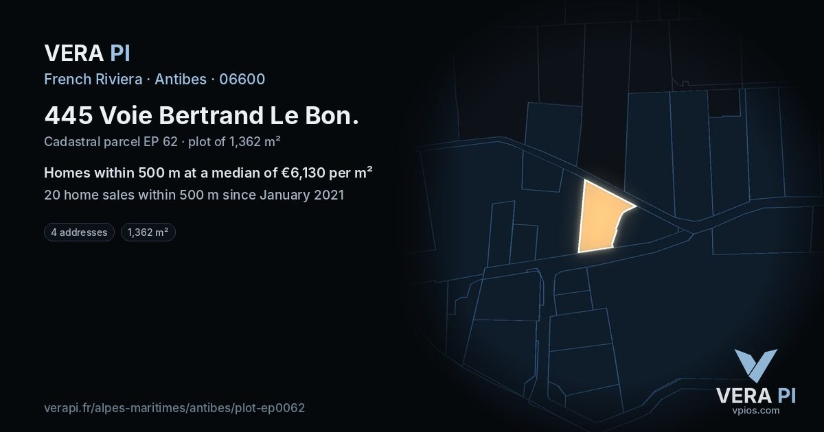 445 Voie Bertrand Le Bon, Antibes at night – the plot lit, the parcels around coloured by the prices near them