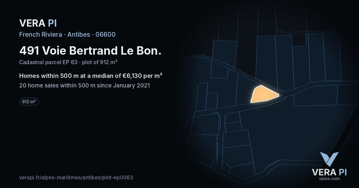 491 Voie Bertrand Le Bon, Antibes at night – the plot lit, the parcels around coloured by the prices near them