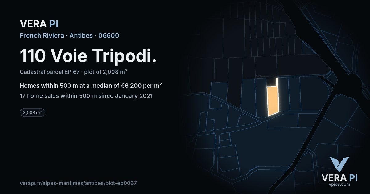 110 Voie Tripodi, Antibes at night – the plot lit, the parcels around coloured by the prices near them
