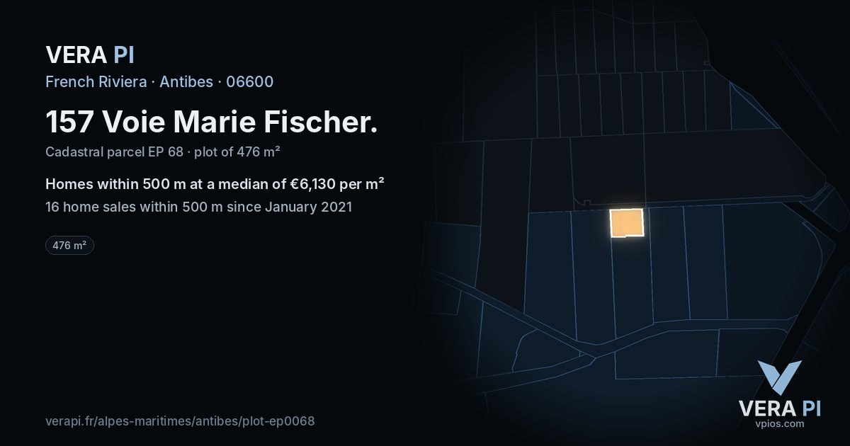 157 Voie Marie Fischer, Antibes at night – the plot lit, the parcels around coloured by the prices near them