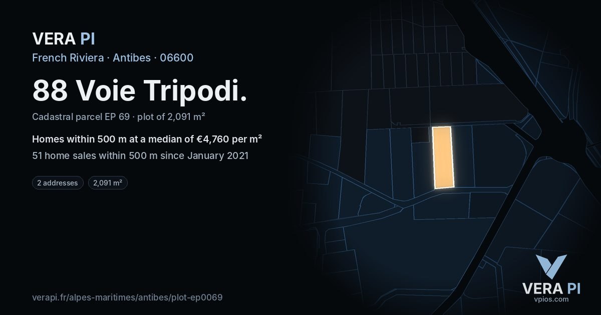 88 Voie Tripodi, Antibes at night – the plot lit, the parcels around coloured by the prices near them