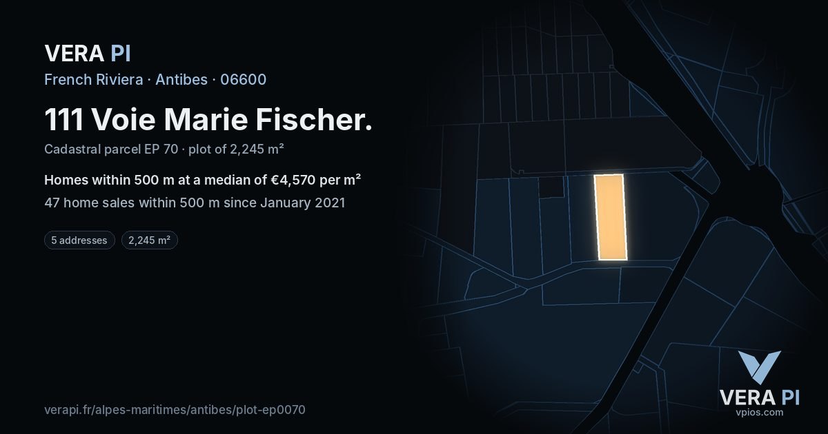111 Voie Marie Fischer, Antibes at night – the plot lit, the parcels around coloured by the prices near them