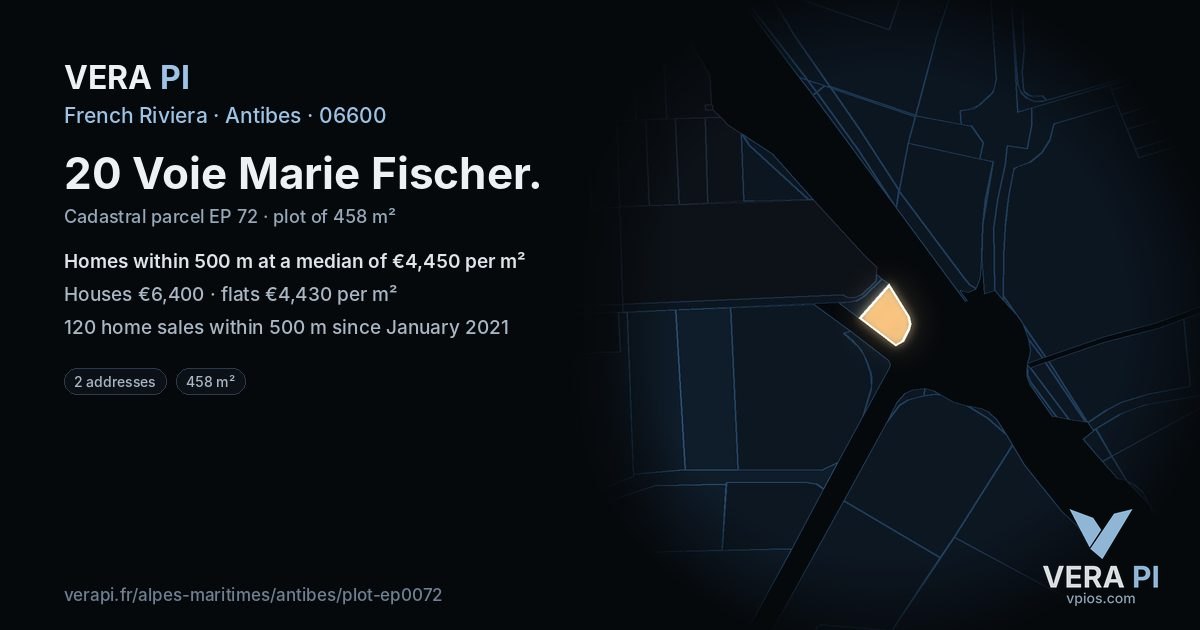 20 Voie Marie Fischer, Antibes at night – the plot lit, the parcels around coloured by the prices near them