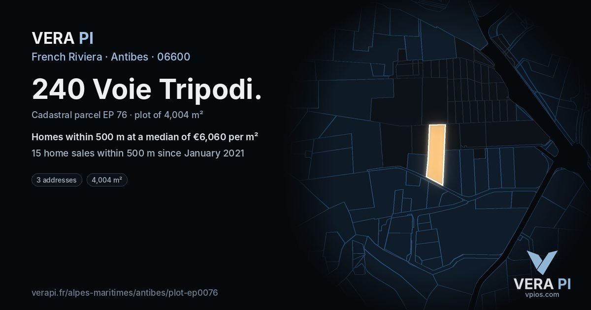 240 Voie Tripodi, Antibes at night – the plot lit, the parcels around coloured by the prices near them