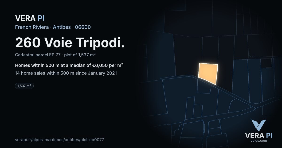260 Voie Tripodi, Antibes at night – the plot lit, the parcels around coloured by the prices near them
