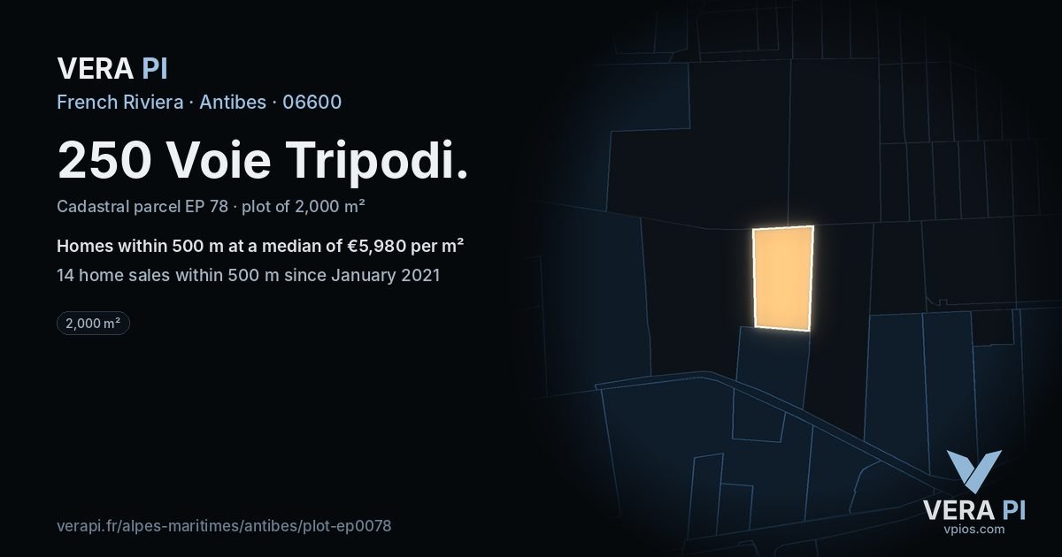 250 Voie Tripodi, Antibes at night – the plot lit, the parcels around coloured by the prices near them